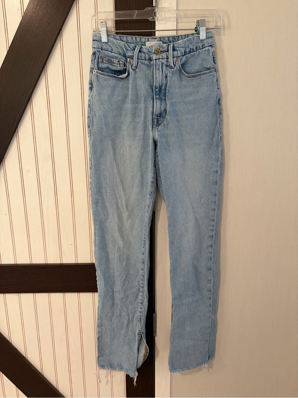 Good American Good Boy Straight Leg Jeans 4/27 Distressed Light Hem Slit Frayed